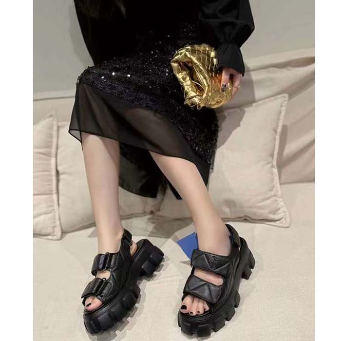 Prada Women Monolith Nappa Leather Sandals Black Upper Padding Stitching