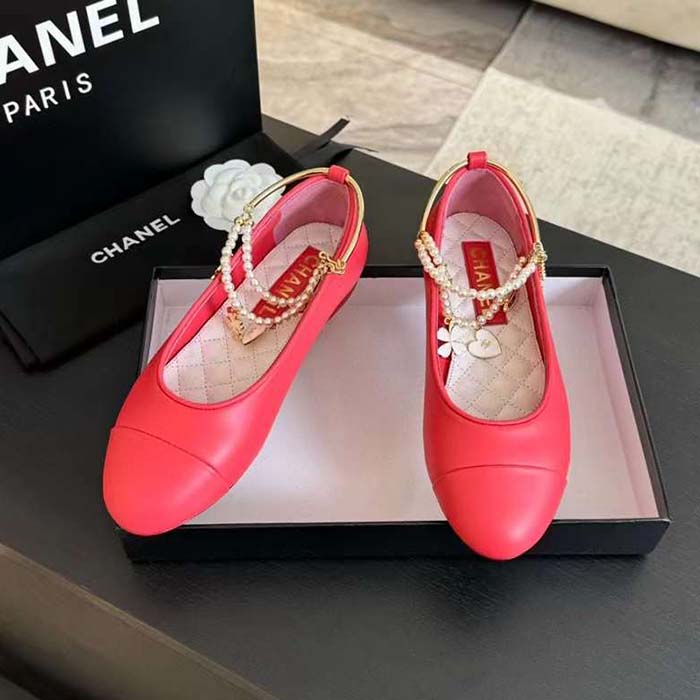 Chanel Women CC Ballet Flats Lambskin Metal Imitation Pearls Dark Pink