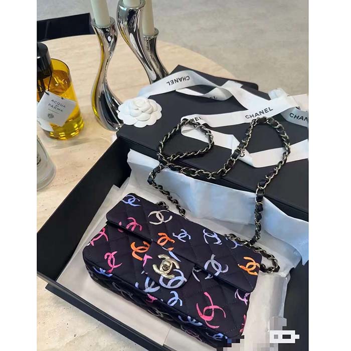 Chanel Women CC Classic 11.12 Handbag Printed Fabric Gold-Tone Metal Black Multicolor