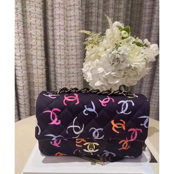 Chanel Women CC Classic 11.12 Handbag Printed Fabric Gold-Tone Metal Black Multicolor