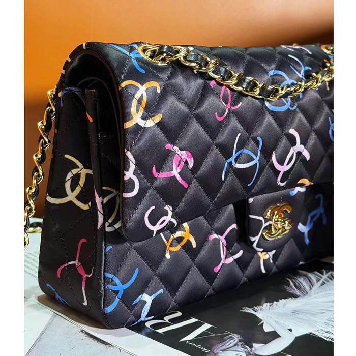 Chanel Women CC Classic 11.12 Handbag Printed Fabric Gold-Tone Metal Black Multicolor