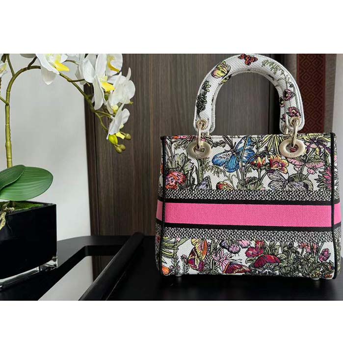 Dior CD Women Medium Lady D-Lite Bag White Multicolor Mexico Millefiori Embroidery