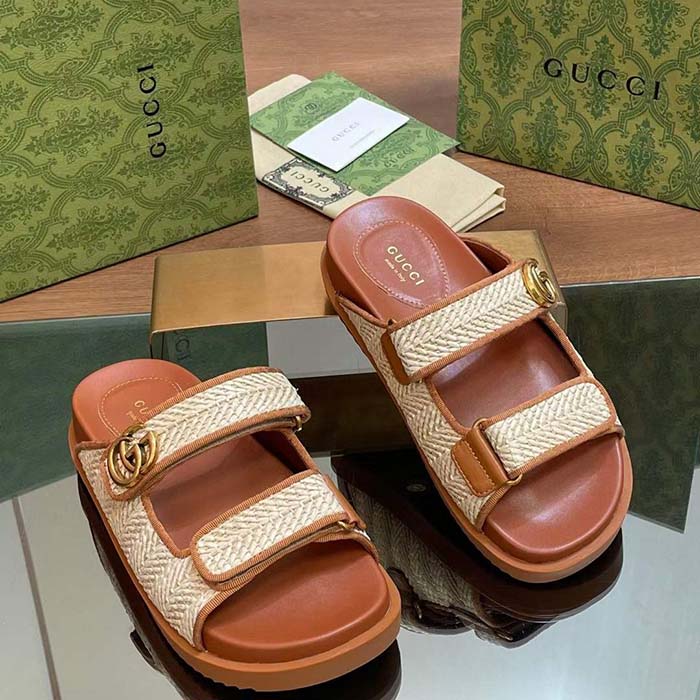 G*u*i gg unisex sandal double g natural raffia effect viscose rubber flat