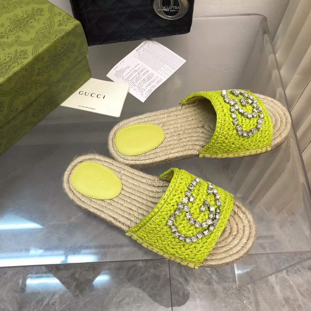G*u*i unisex gg interlocking g espadrille lime green viscose-effect raffia flat