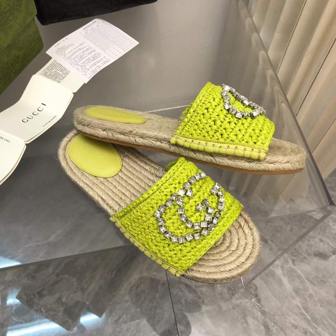 G*u*i unisex gg interlocking g espadrille lime green viscose-effect raffia flat