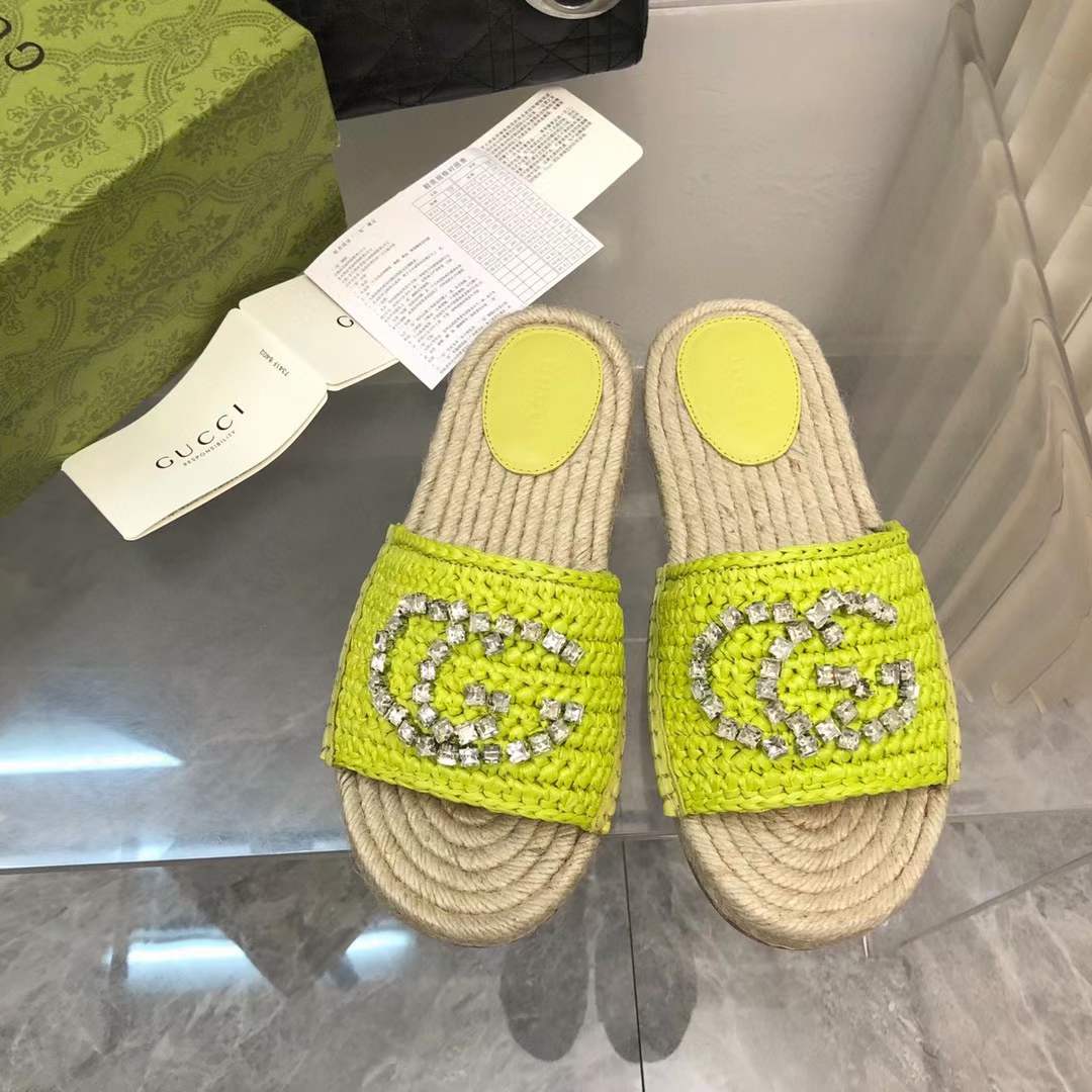 G*u*i unisex gg interlocking g espadrille lime green viscose-effect raffia flat