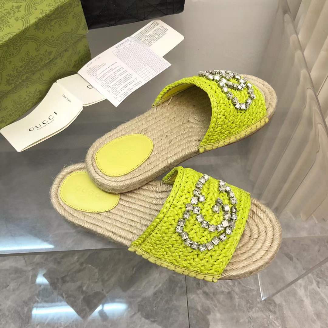G*u*i unisex gg interlocking g espadrille lime green viscose-effect raffia flat