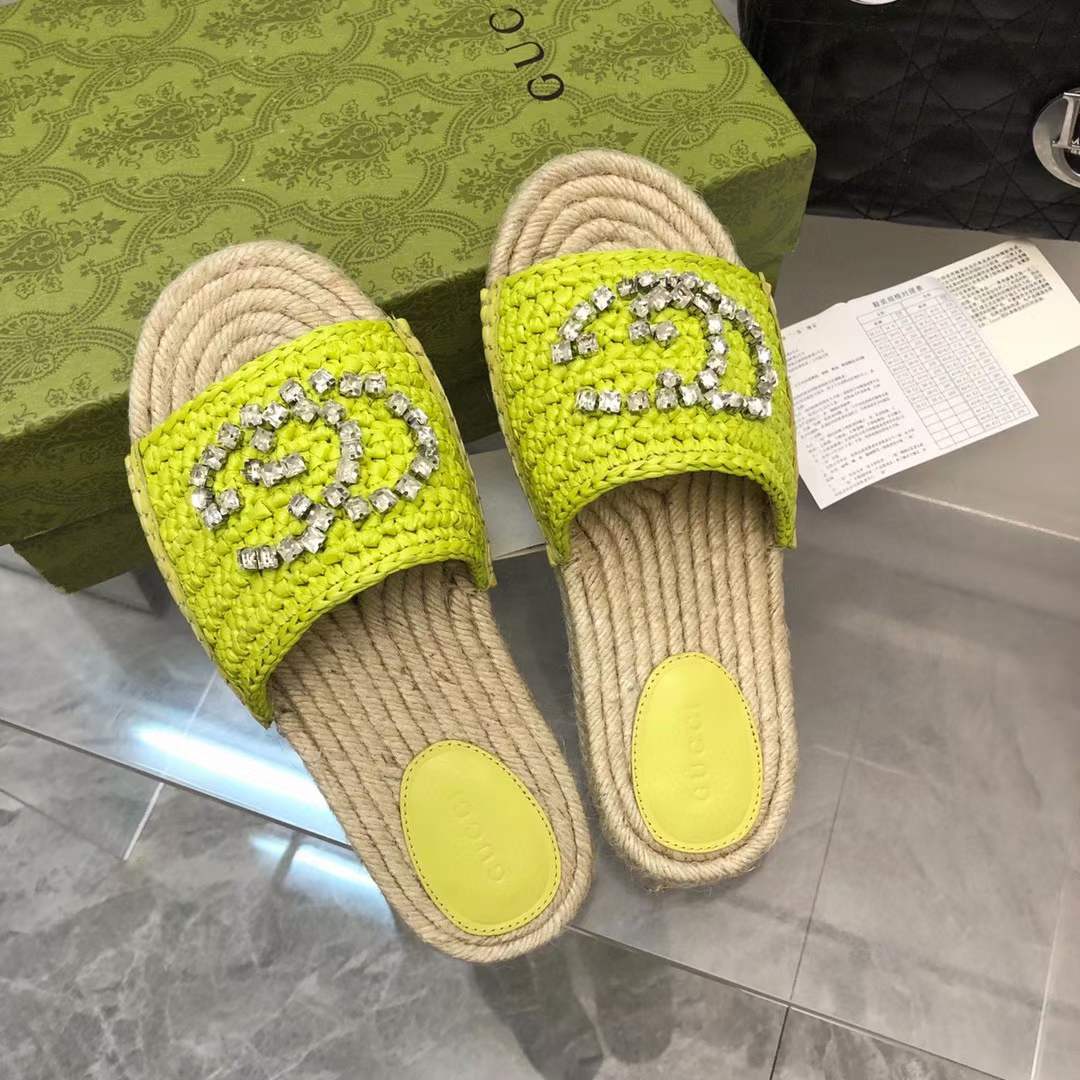 G*u*i unisex gg interlocking g espadrille lime green viscose-effect raffia flat