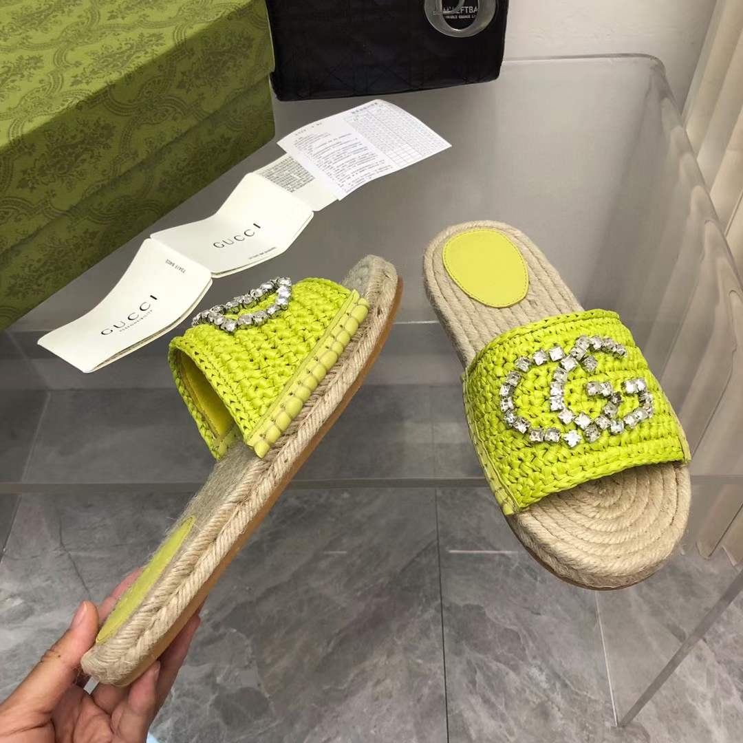 G*u*i unisex gg interlocking g espadrille lime green viscose-effect raffia flat