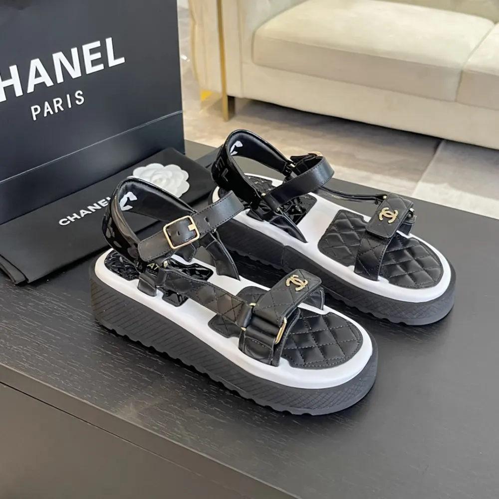 Chanel Women Open Toe Sandal in Calfskin Leather Black White
