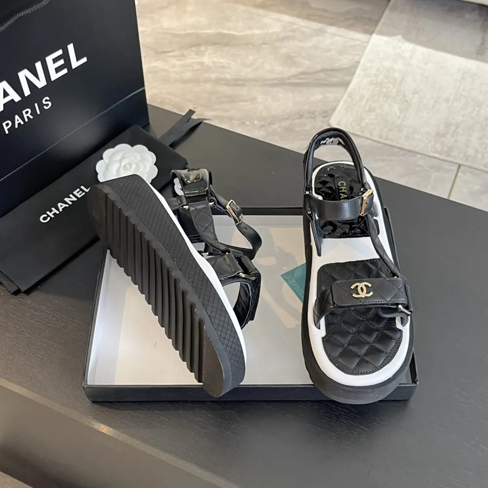 Chanel Women Open Toe Sandal in Calfskin Leather Black White