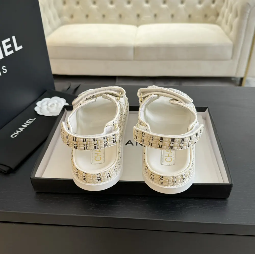 Chanel Women Sandals Braided Fabric White 1 cm Heel