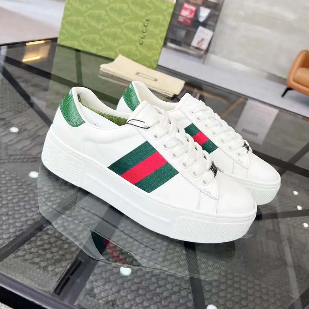 G*u*i unisex gg ace sneaker white leather green red web ‘ace’ metal tag rubber 4.5cm