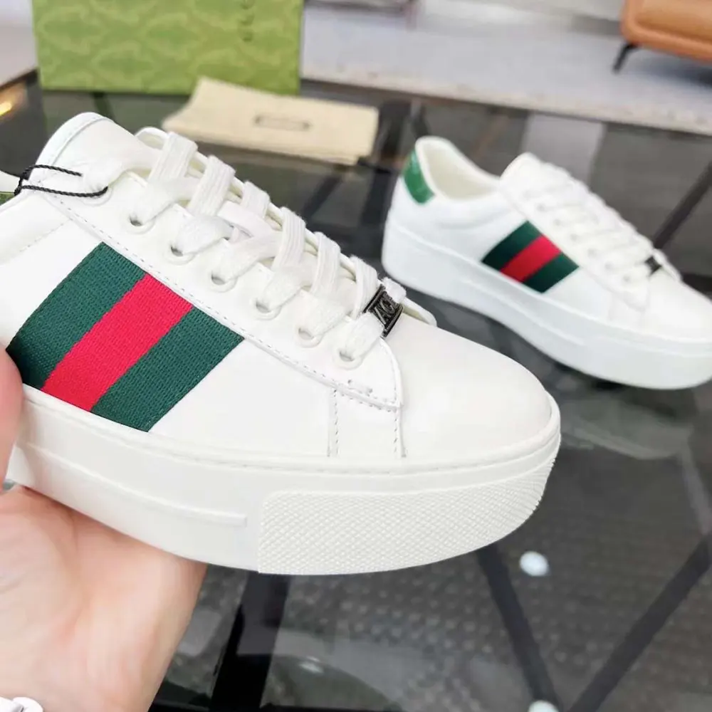 G*u*i unisex gg ace sneaker white leather green red web ‘ace’ metal tag rubber 4.5cm