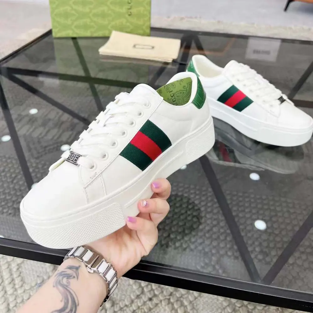 G*u*i unisex gg ace sneaker white leather green red web ‘ace’ metal tag rubber 4.5cm