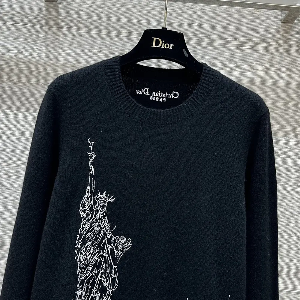 Dior Women Embroidered Sweater Black and White Cashmere and Silk Knit with New York Motif