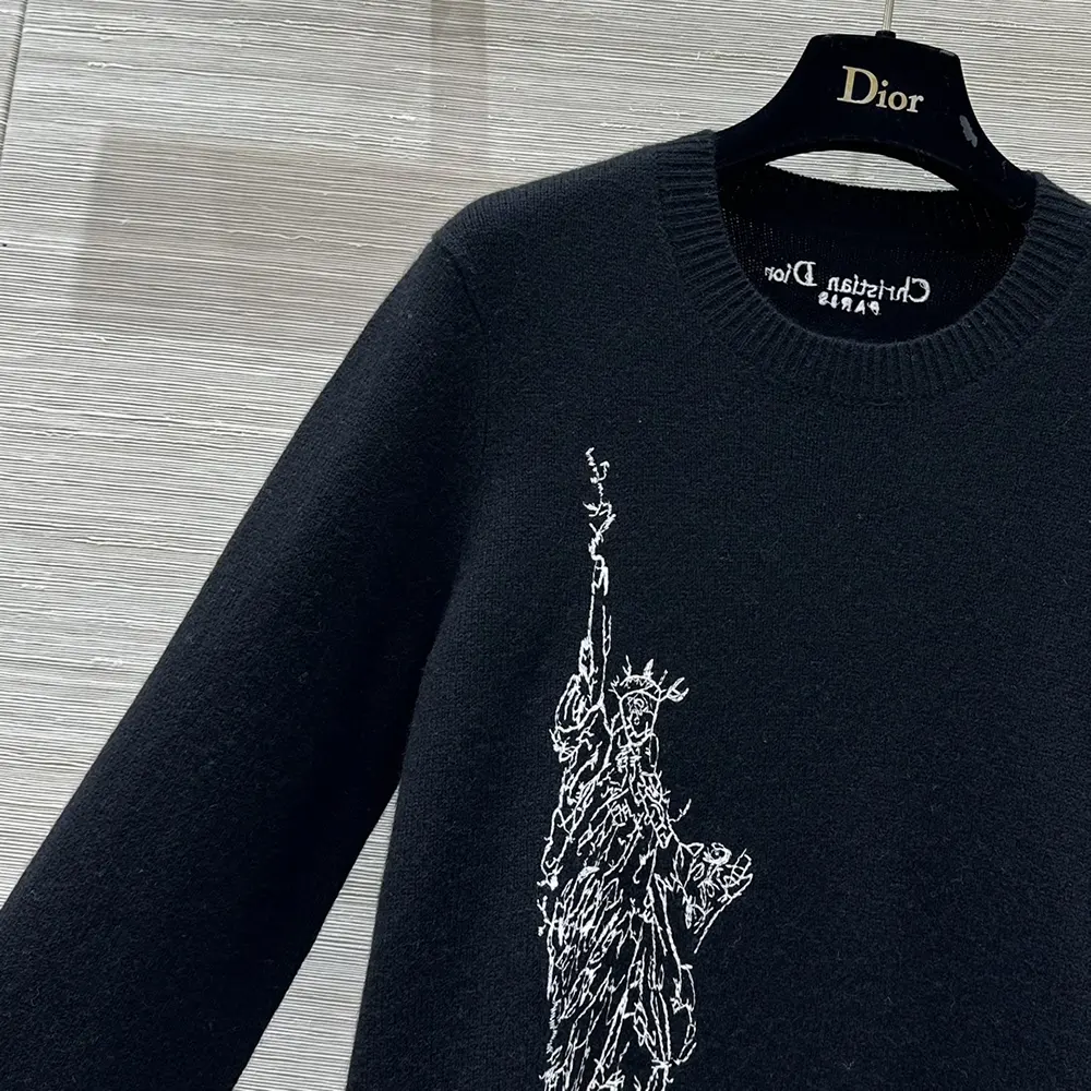 Dior Women Embroidered Sweater Black and White Cashmere and Silk Knit with New York Motif