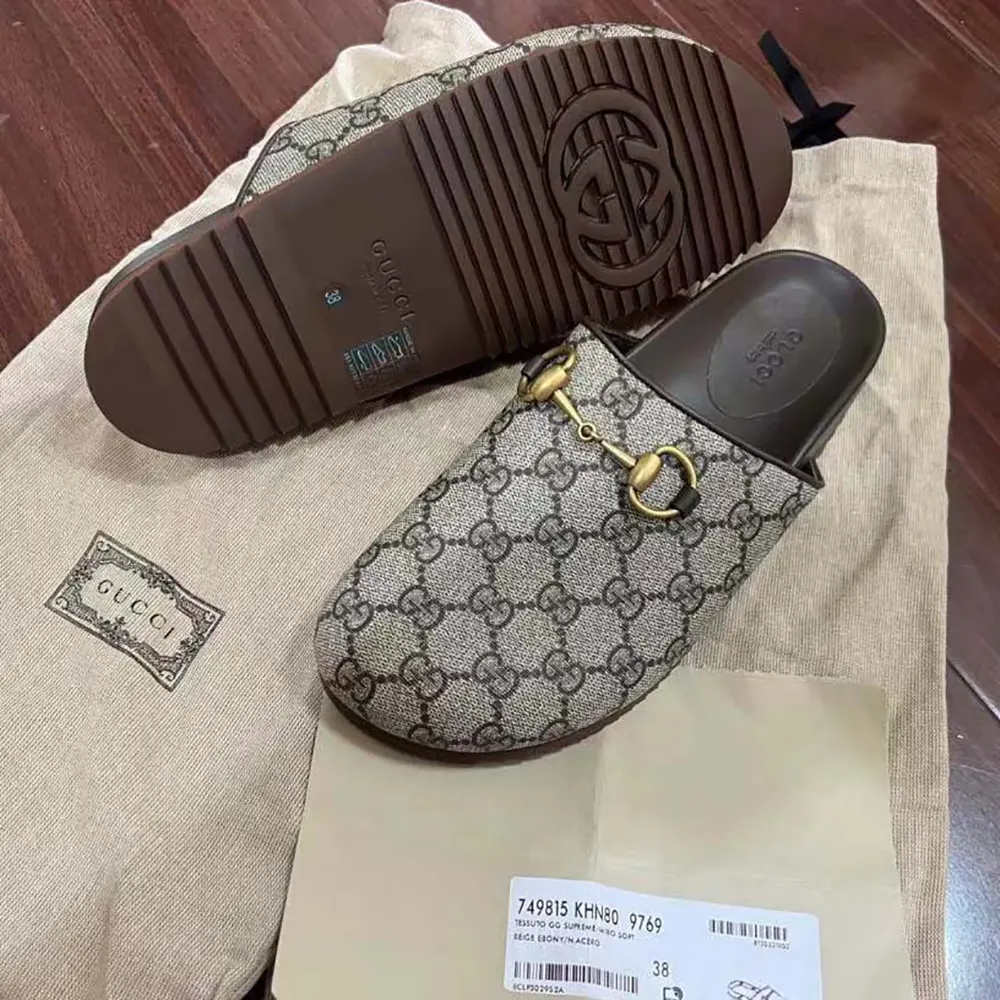 G*u*i women horsebit slipper beige and ebony gg supreme canvas