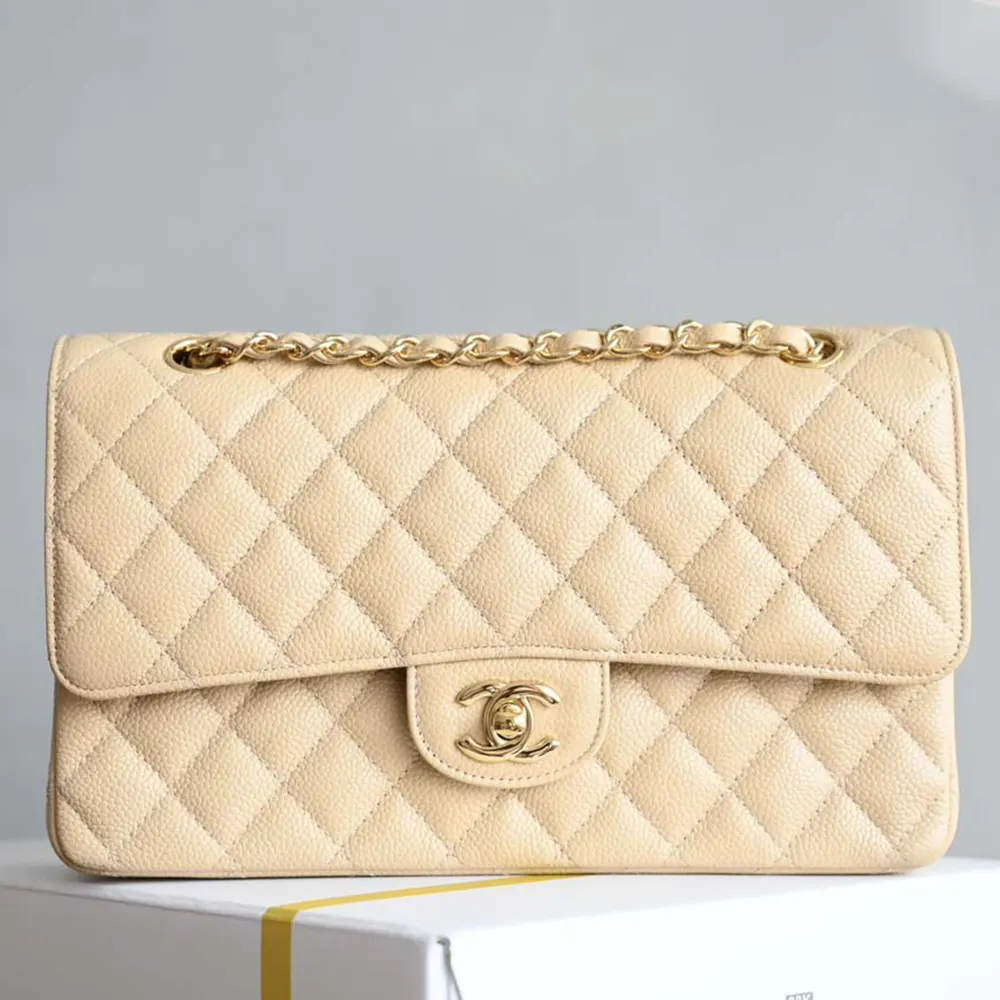 Chanel Women Classic 11.12 Handbag Grained Shiny Calfskin Gold-Tone Metal-Beige