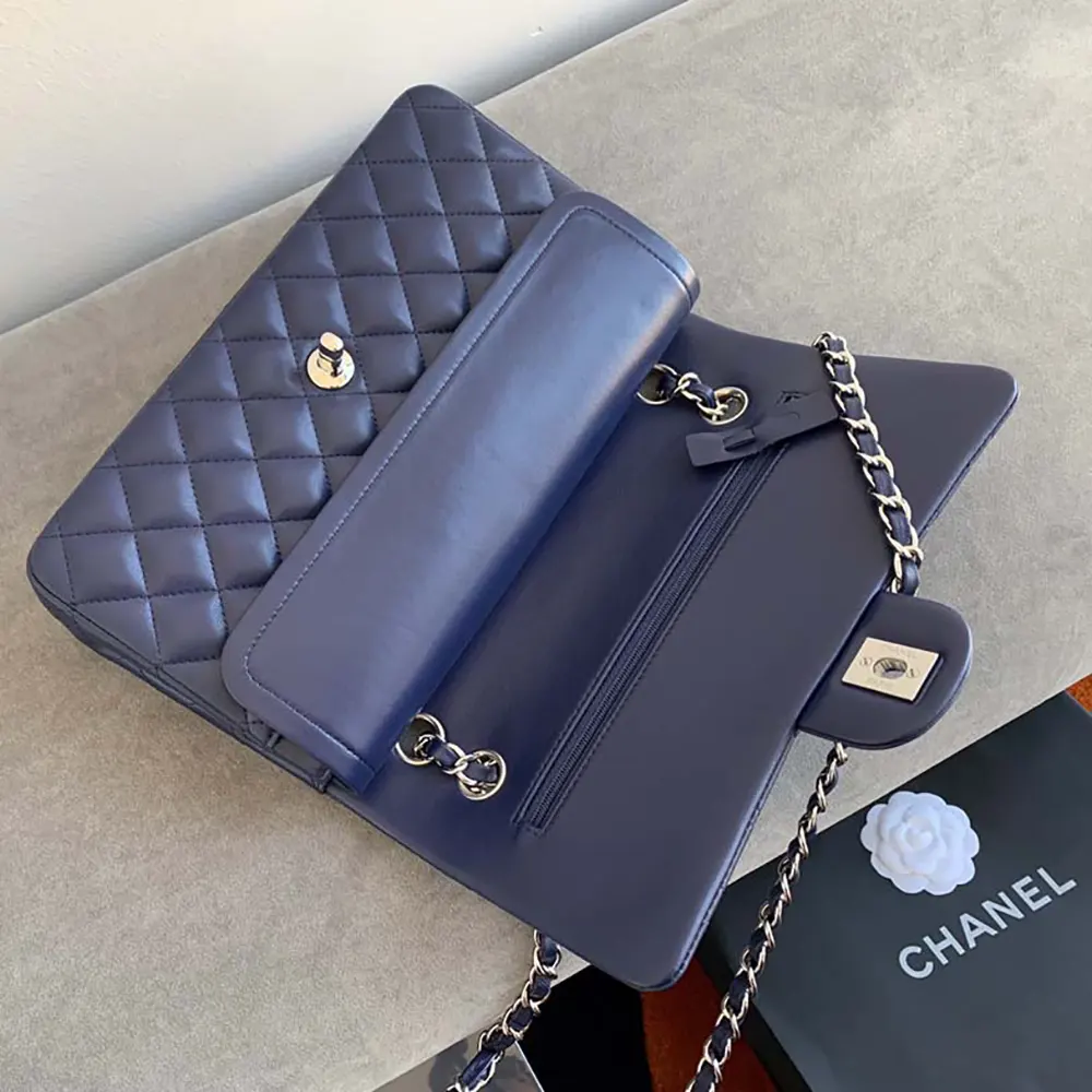 Chanel Women Classic 11.12 Handbag in Lambskin Leather-Navy