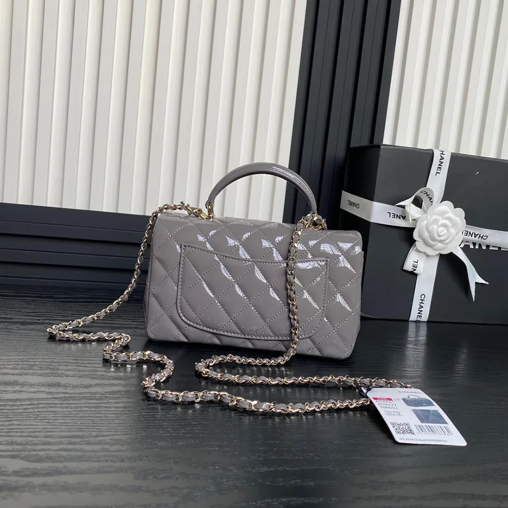 Chanel Women Mini Classic Handbag with Top Handle in Patent Calfskin-Grey