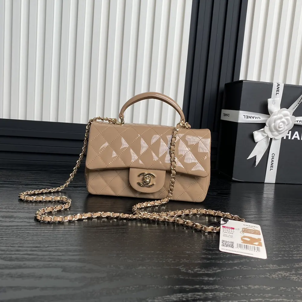 Chanel Women Mini Classic Handbag with Top Handle in Patent Calfskin-Sandy