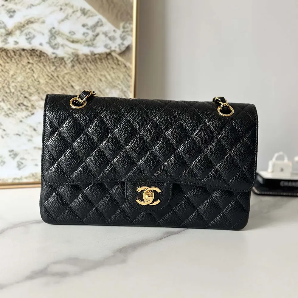 Chanel Women Small Classic Handbag in Grained Calfskin Gold Tone Metal-Black