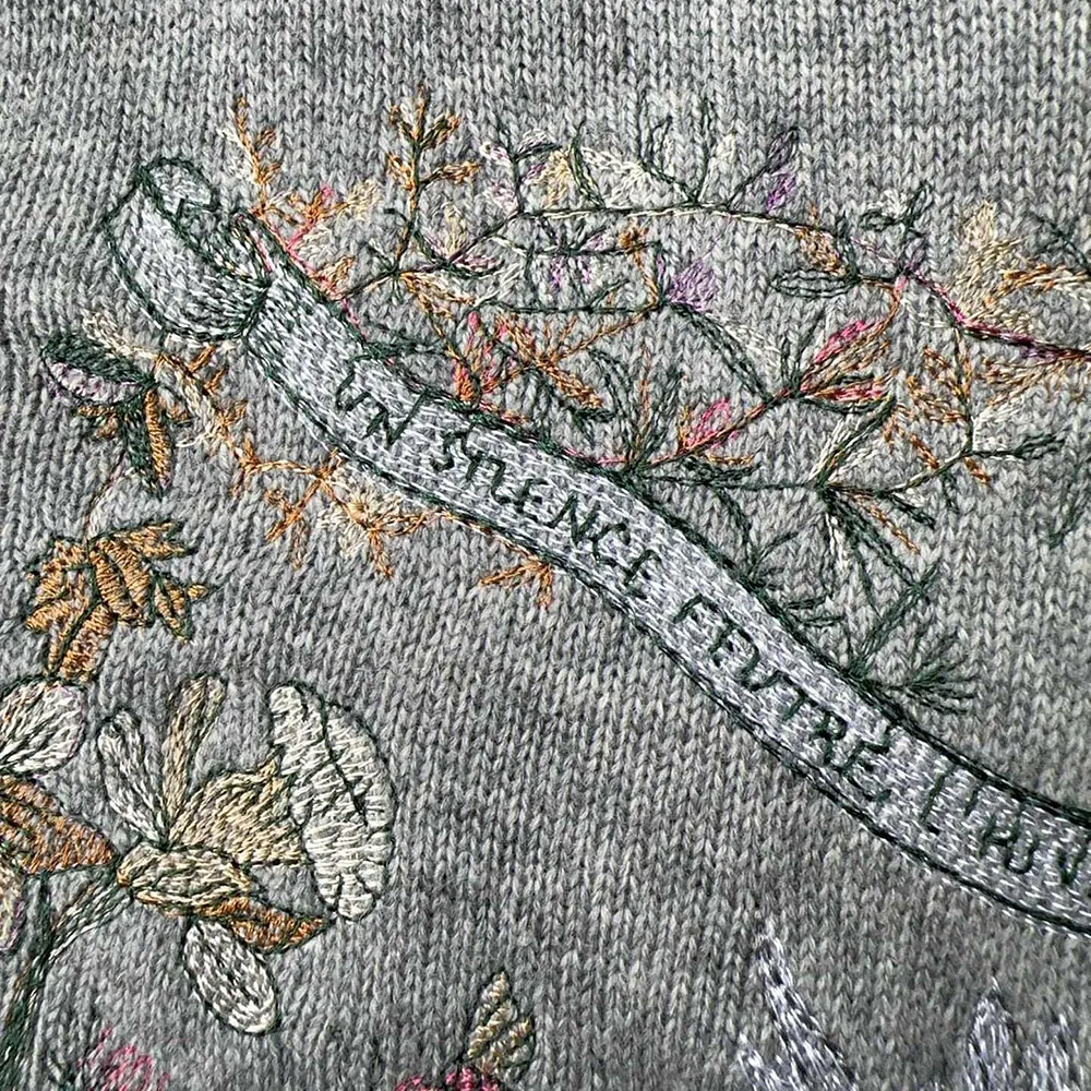 Dior Women Embroidered Sweater Gray Cashmere Knit with Multicolor Dior 4 Saisons Hiver Motif