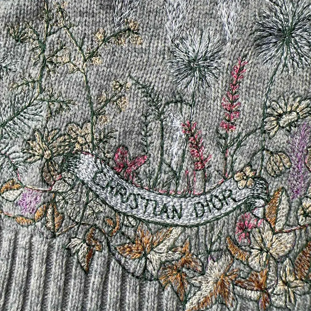 Dior Women Embroidered Sweater Gray Cashmere Knit with Multicolor Dior 4 Saisons Hiver Motif