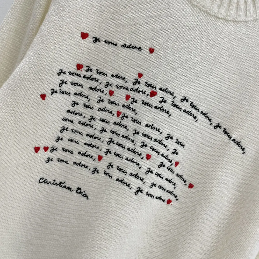 Dior Women Dioramour Embroidered Sweater White Cashmere Knit with Black and Red Je Vous Adore Motif