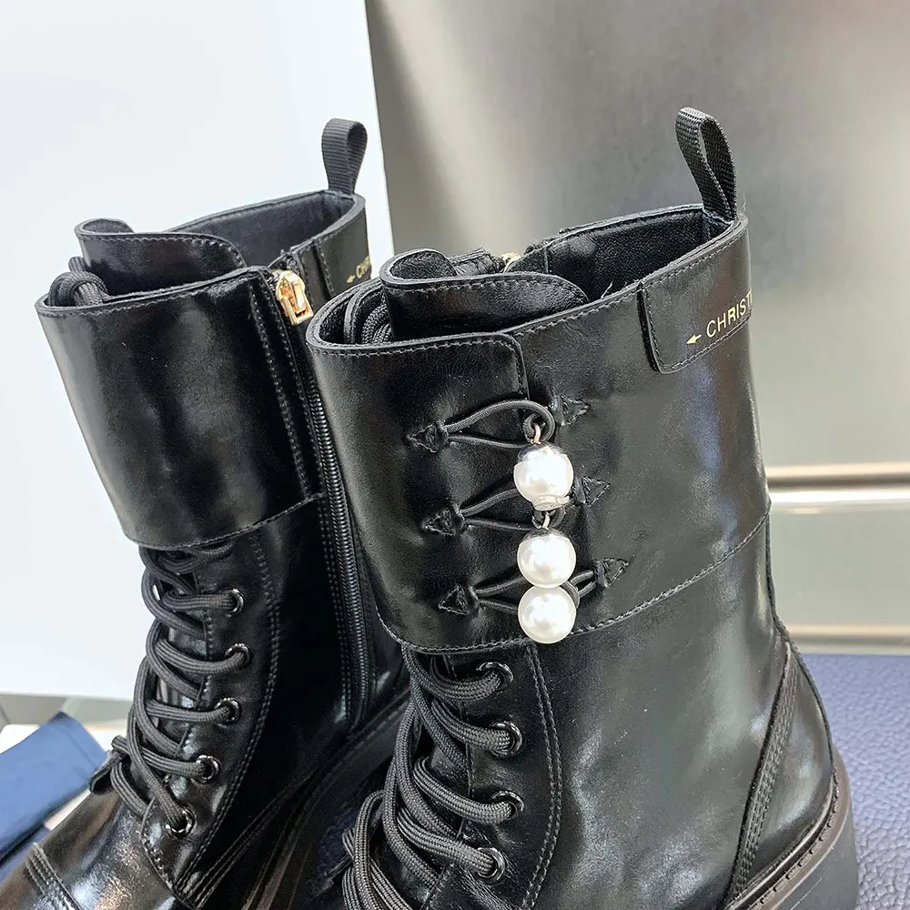 Dior Women D-Strike Ankle Boot Black Matte Calfskin and White Resin Pearls