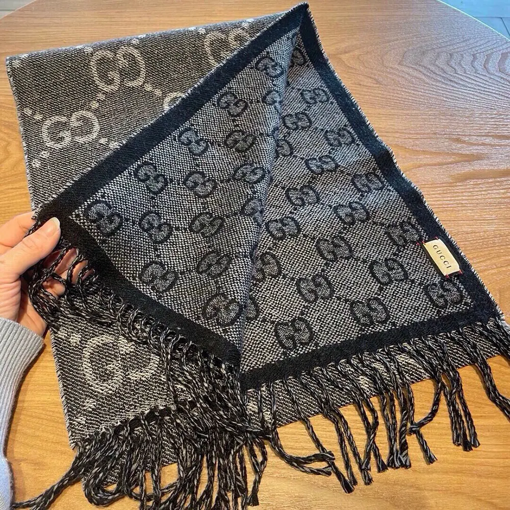 G*u*i unisex gg jacquard pattern knit scarf with tassels-black 6766104g2001061