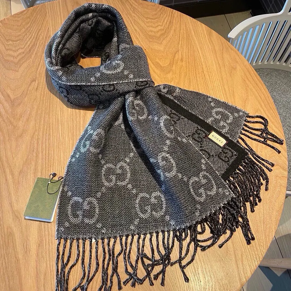 G*u*i unisex gg jacquard pattern knit scarf with tassels-black 6766104g2001061