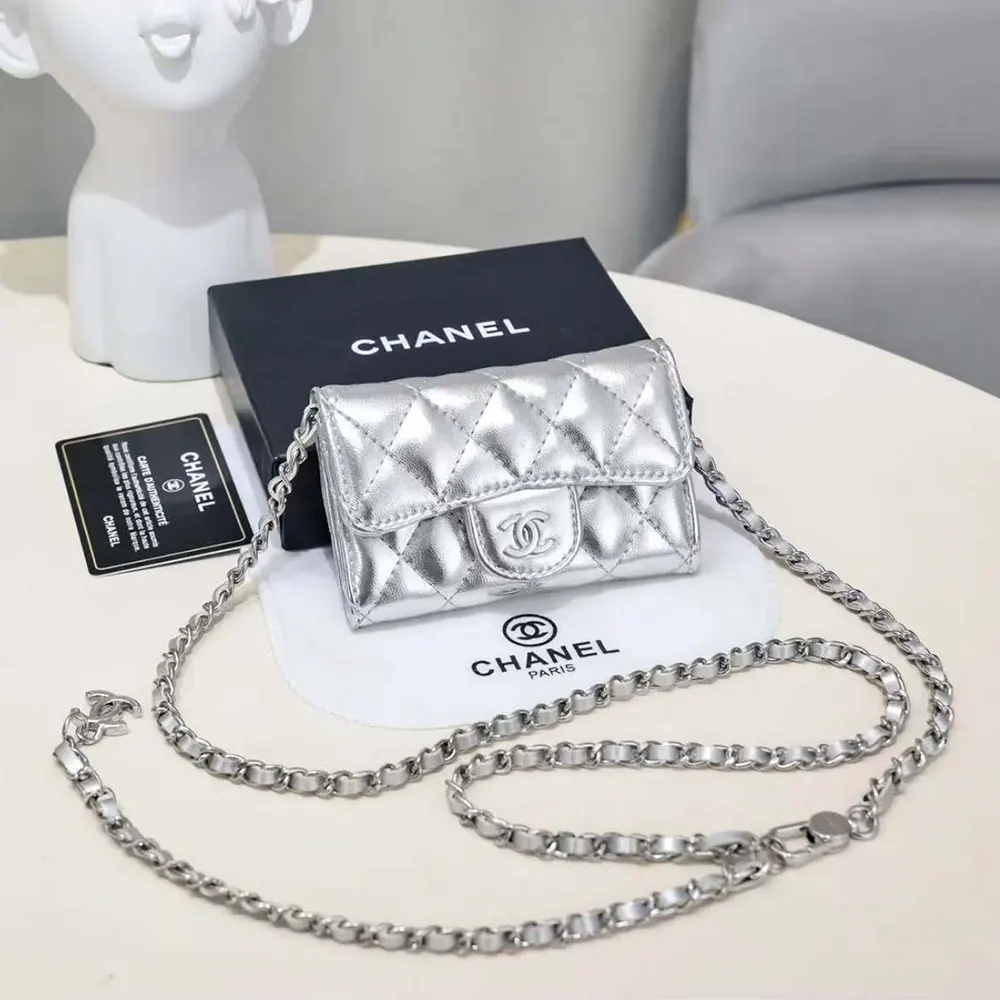 Chanel Women CC Metallic Lambskin Quilted Belt Bag Silver
