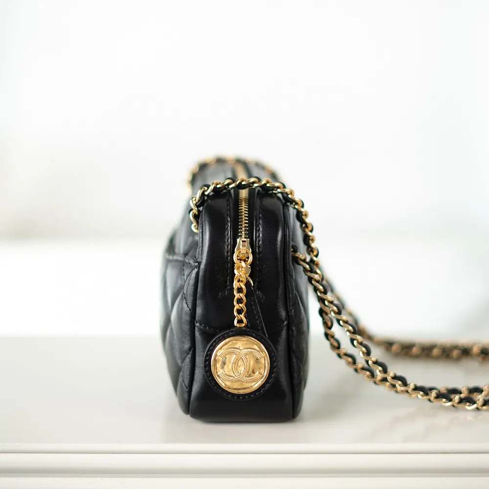 Chanel Women Mini Camera Case Shiny Lambskin Gold Tone Metal
