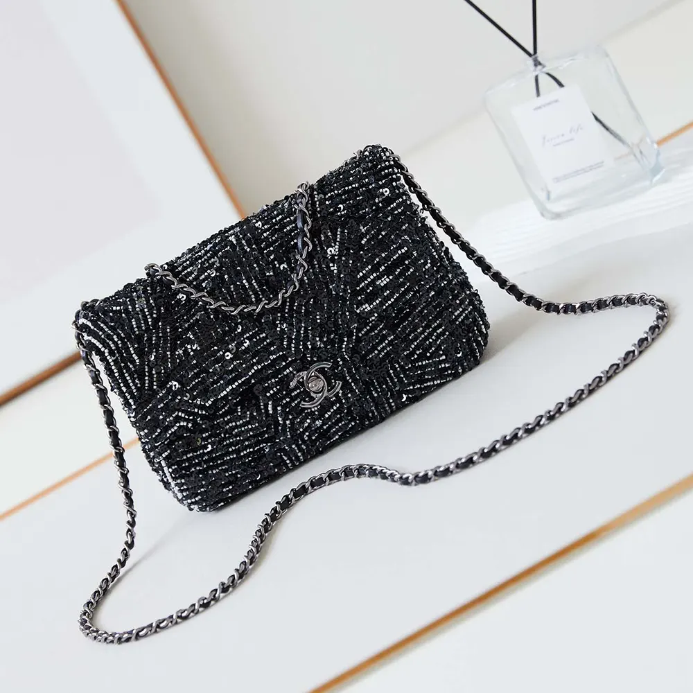 Chanel Women Small Flap Bag Sequins Silver Tone Metal
