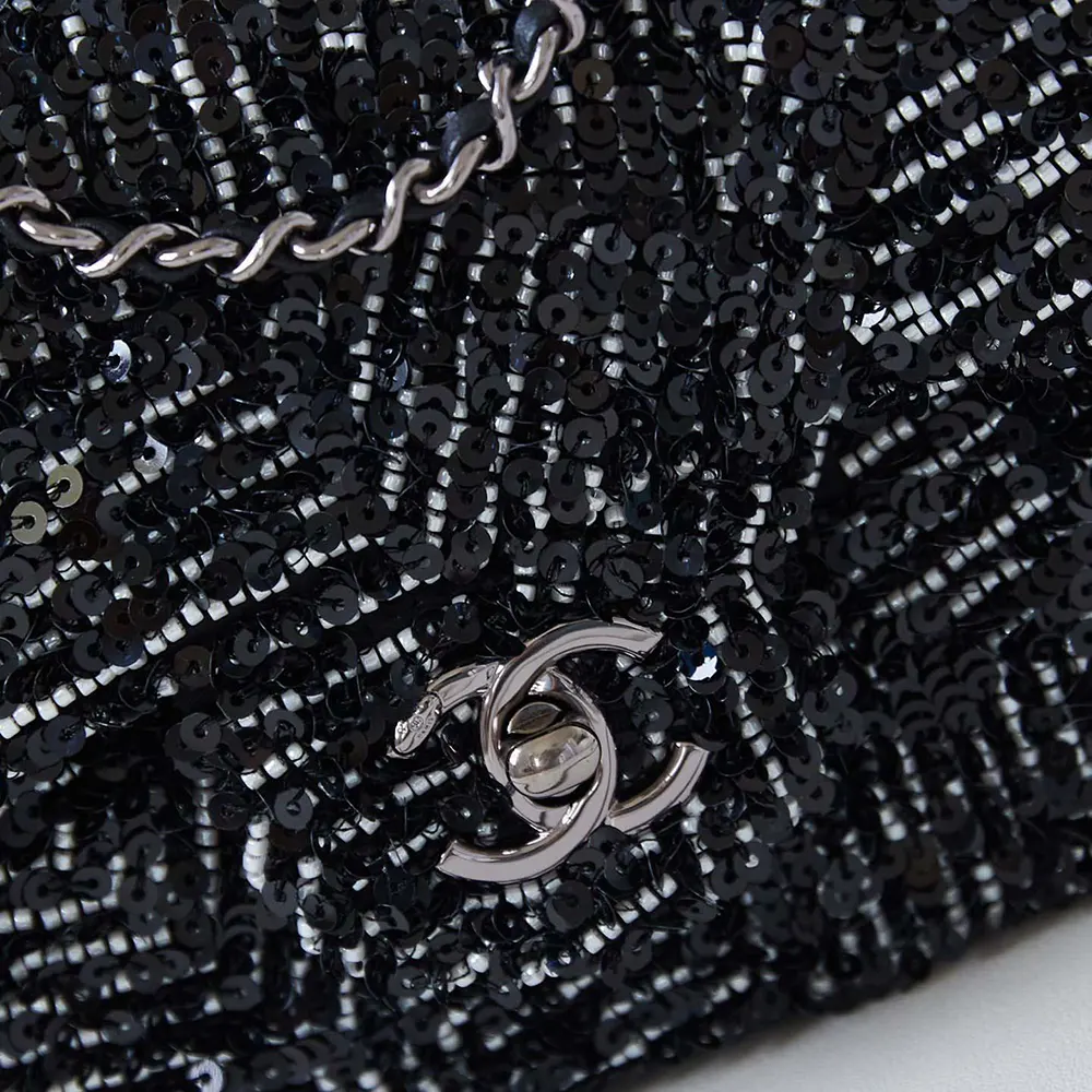 Chanel Women Small Flap Bag Sequins Silver Tone Metal