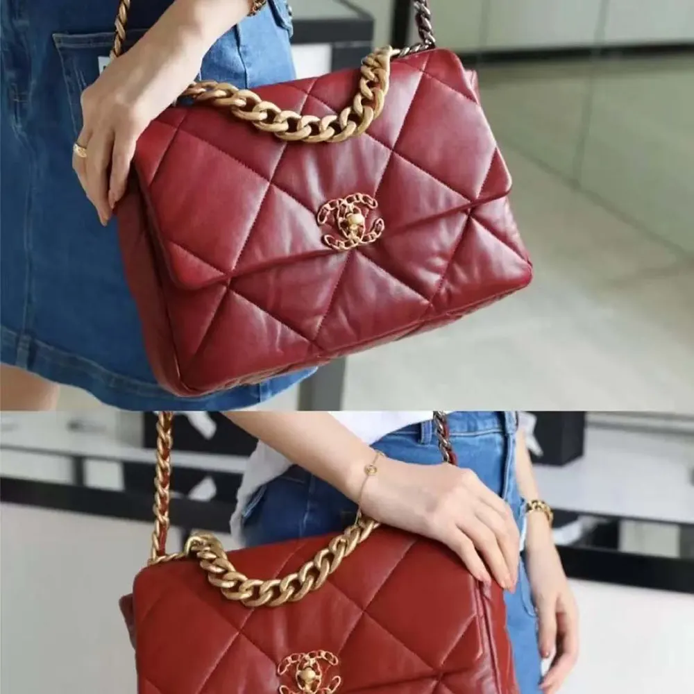 Chanel Women 19 Handbag Shiny Lambskin Gold-Tone Silver-Tone & Ruthenium-Red