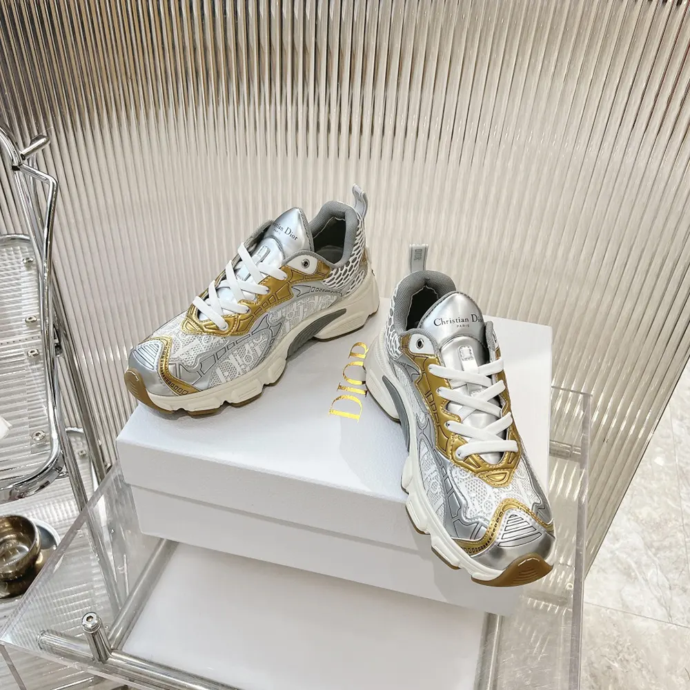 Dior Women Vibe Sneaker White Mesh Printed with Dior Oblique Motif and Gold- and Silver-Tone