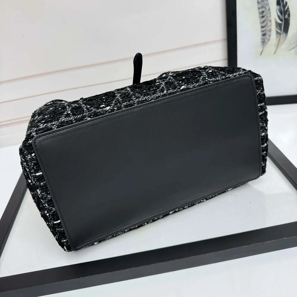 Dior Women Medium Dior Toujours Bag Black Tweed with White Cannage Motif
