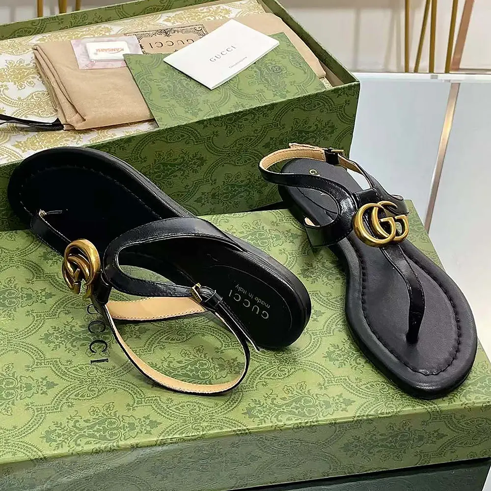 G*u*i women gg thong anklet flat leather sandals-black