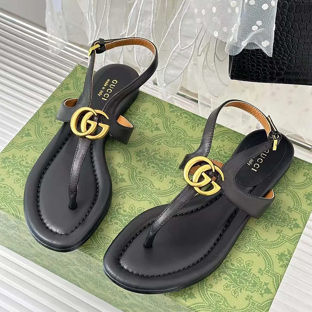 G*u*i women gg thong anklet flat leather sandals-black
