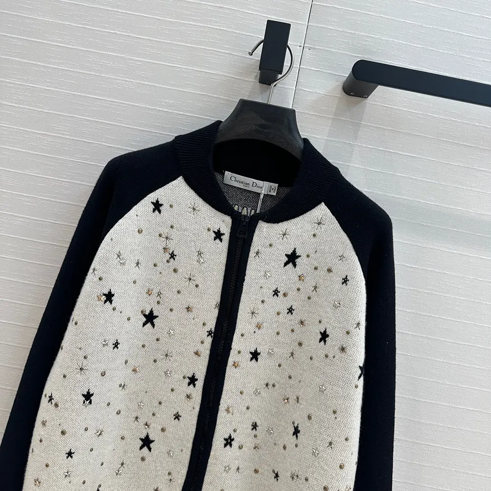 Dior Men Bomber Jacket Black and White Cashmere-Blend Knit with Multicolor Dior Astral Motif