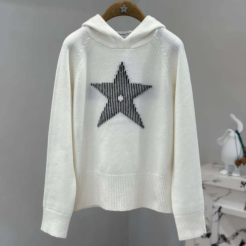 Dior Women DiorAlps Hooded Sweater White Wool and Cashmere Knit with Navy Blue Dior Star Motif