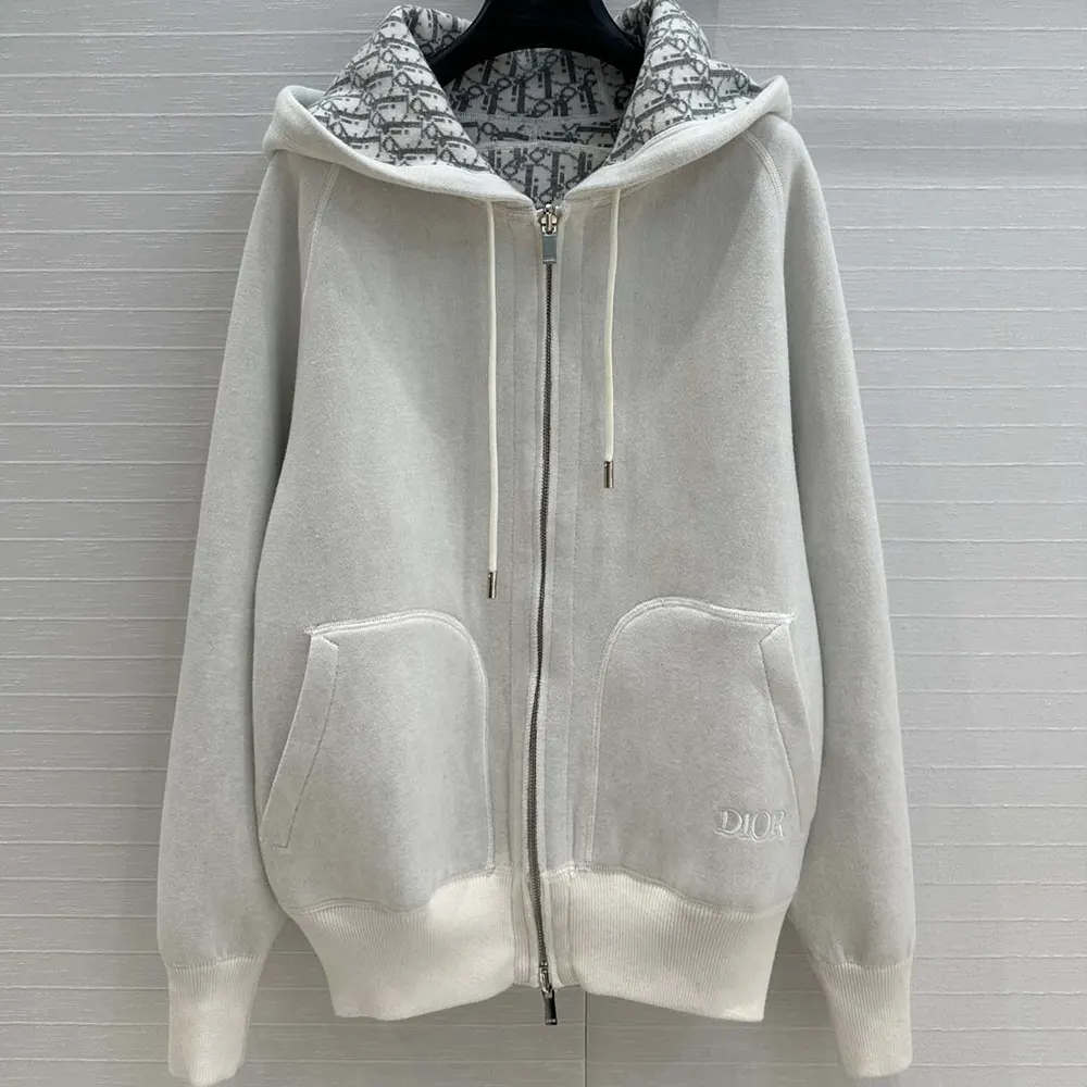 Dior Women Hooded Track Jacket White Cotton Knit and Cashmere
