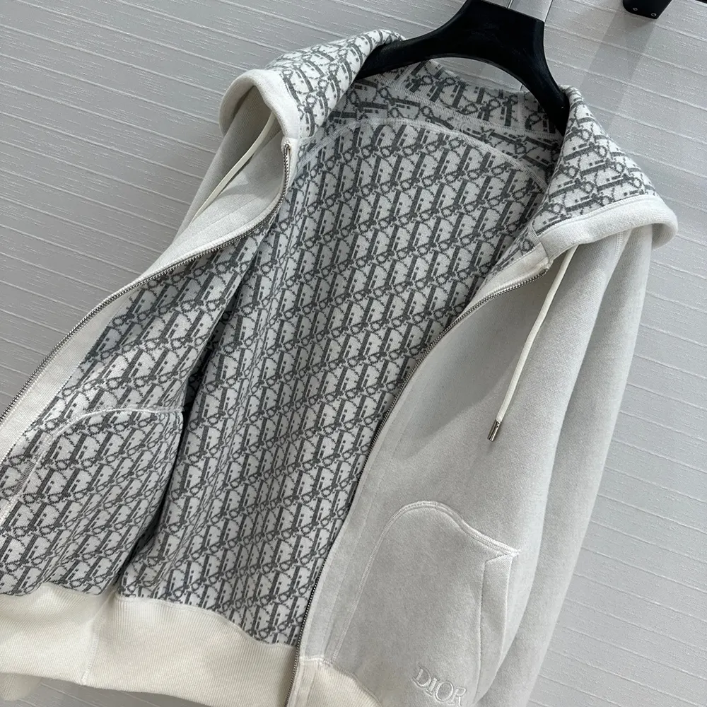 Dior Women Hooded Track Jacket White Cotton Knit and Cashmere