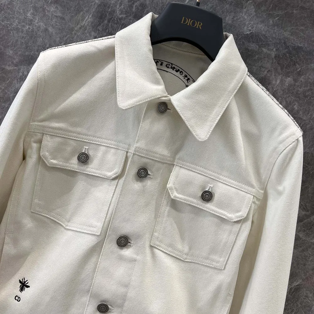 Dior Men Jacket White Cotton Denim with Gold-Tone Dior Around the World Motif