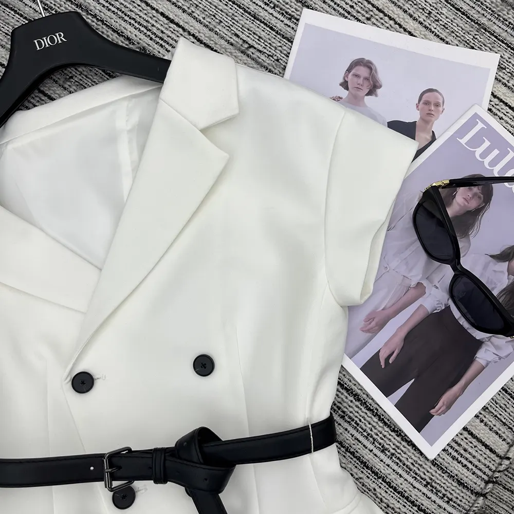 Dior Women Asymmetric Short-Sleeved Jacket with Belt Ecru Virgin Wool and Silk Grain de Poudre