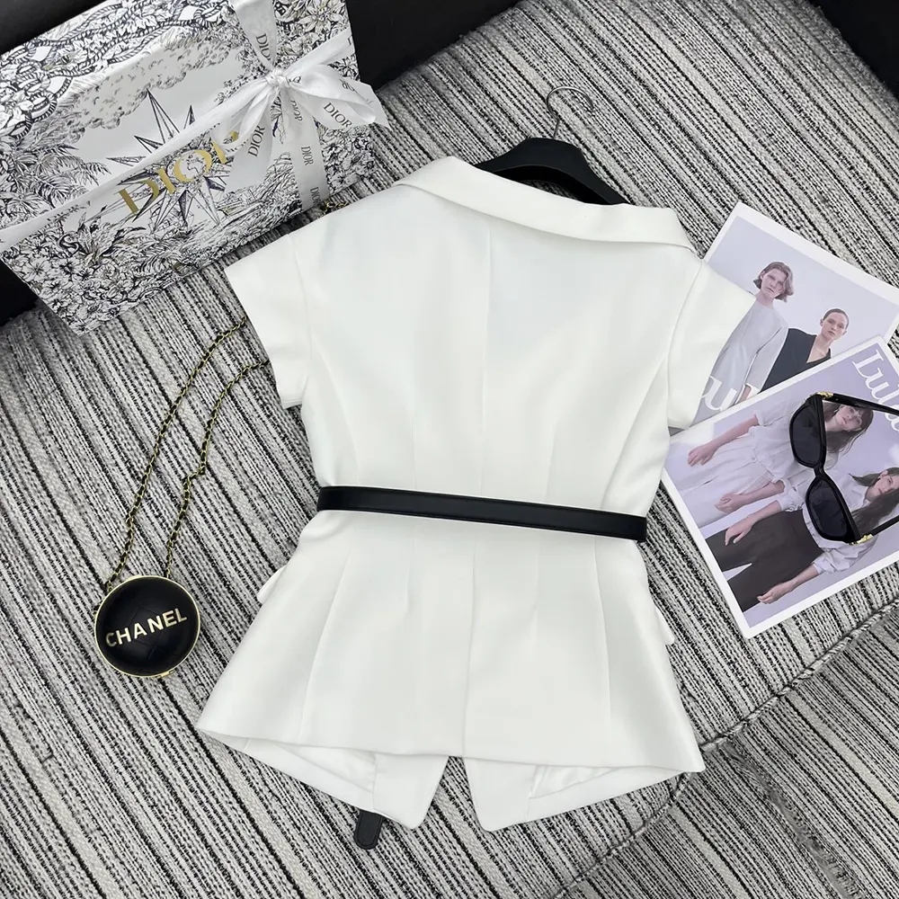 Dior Women Asymmetric Short-Sleeved Jacket with Belt Ecru Virgin Wool and Silk Grain de Poudre