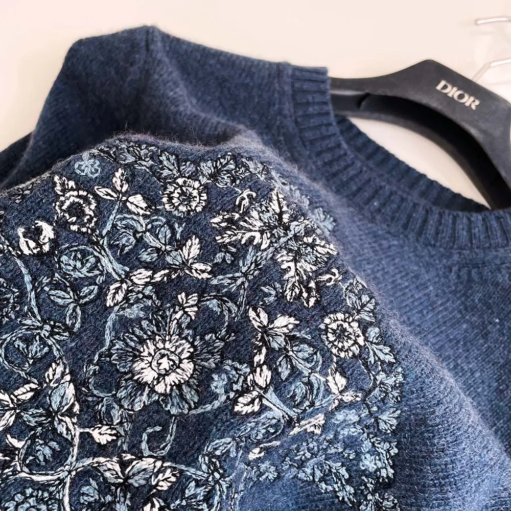 Dior Women Embroidered Sweater Blue Cashmere Knit 514S57A0027